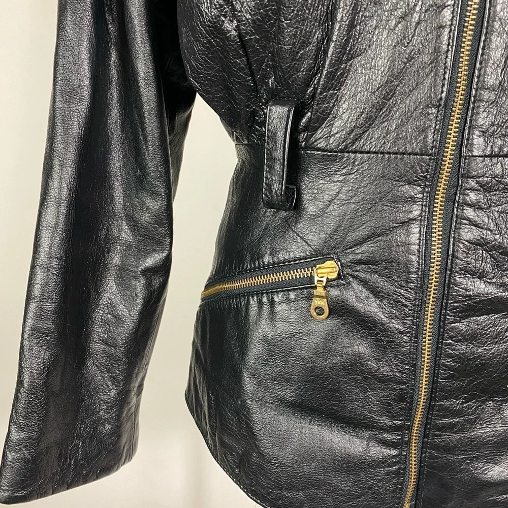 VINTAGE WILSONS Womens 90s Leather Hooded Moto Jacket Gold Tone Hardware XS - Picture 2 of 12